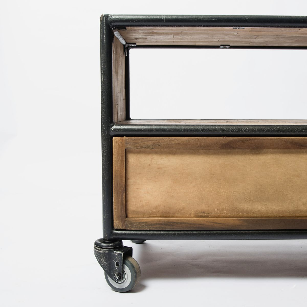 Storage cabinet on wheels with open shelving