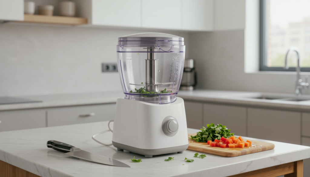 Compact mini food processor on a small kitchen counter