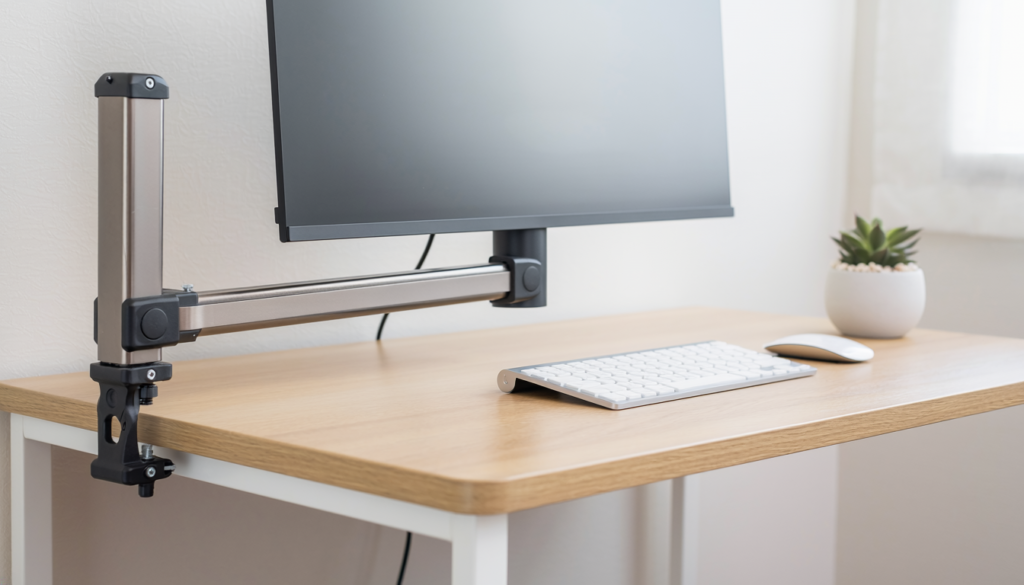Adjustable monitor arm mounted to a compact home office desk