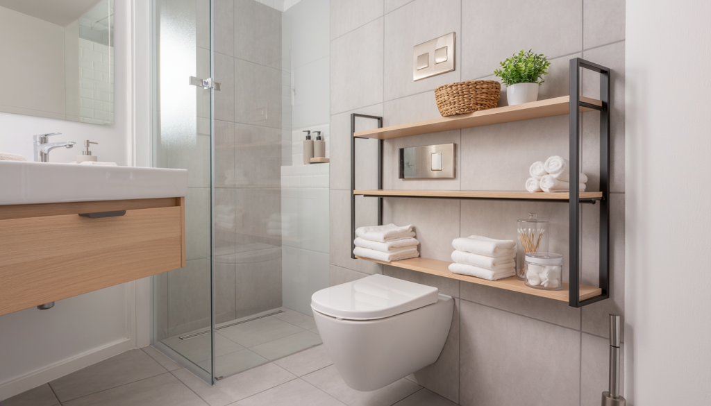 Over-the-toilet storage shelving in a small modern bathroom