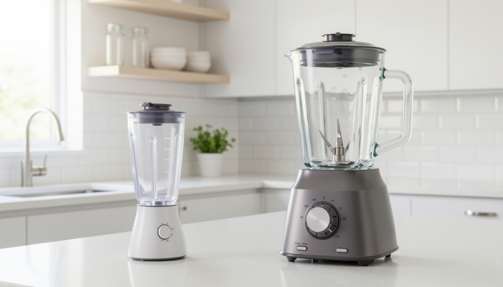 Personal blender beside a full-size blender in a small kitchen