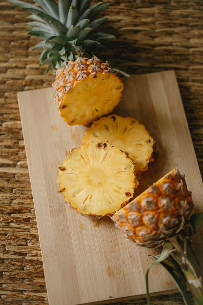 Pineapple slices on a wooden board