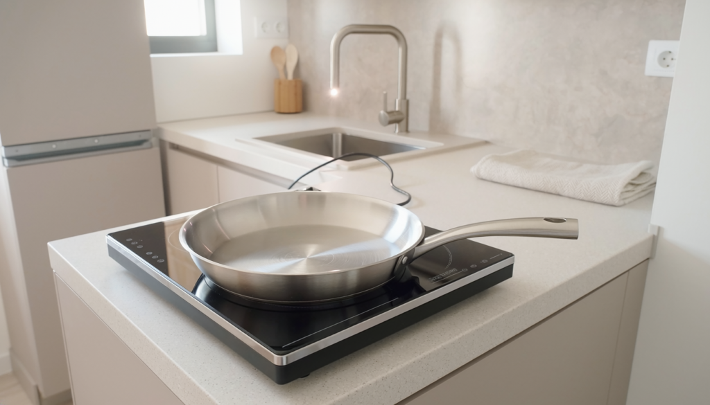 Portable induction cooktop on a small modern kitchen counter