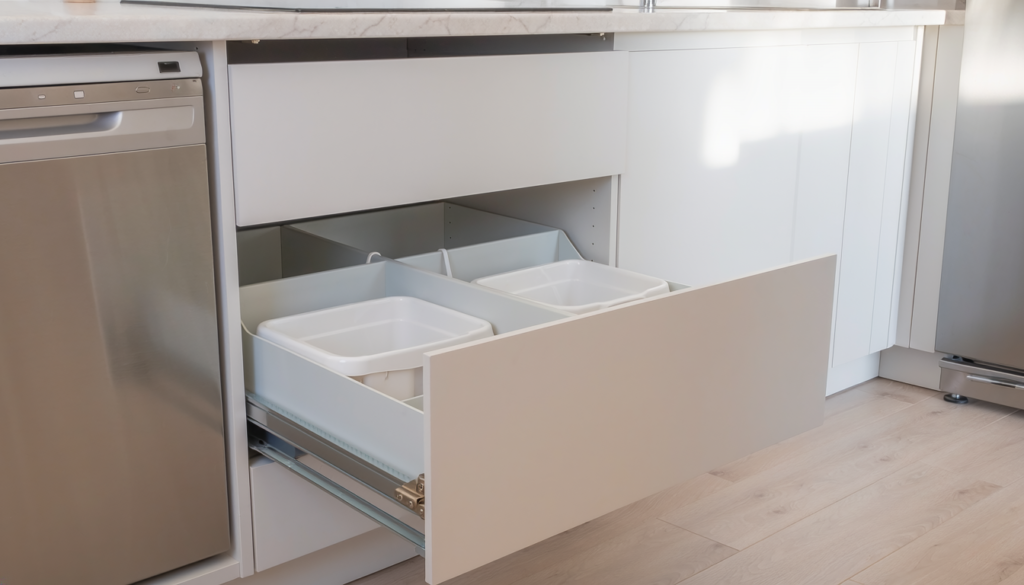 Pull-out trash bin system in a small modern kitchen cabinet