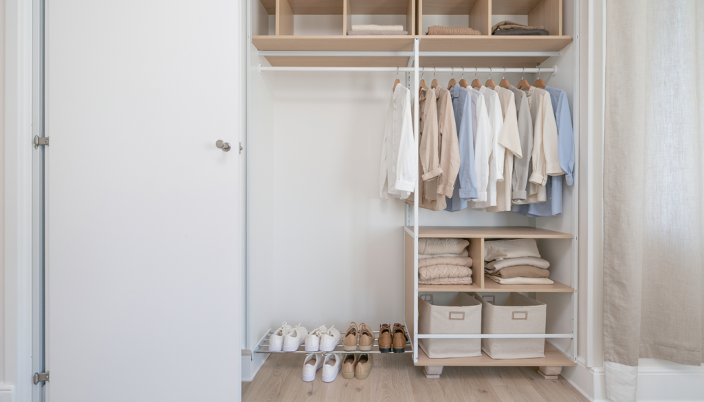 Renter-friendly freestanding closet organizer in a small bedroom