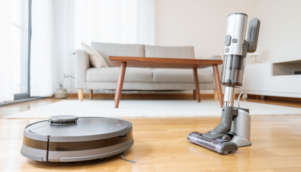 Robot vacuum and cordless stick vacuum in a small apartment