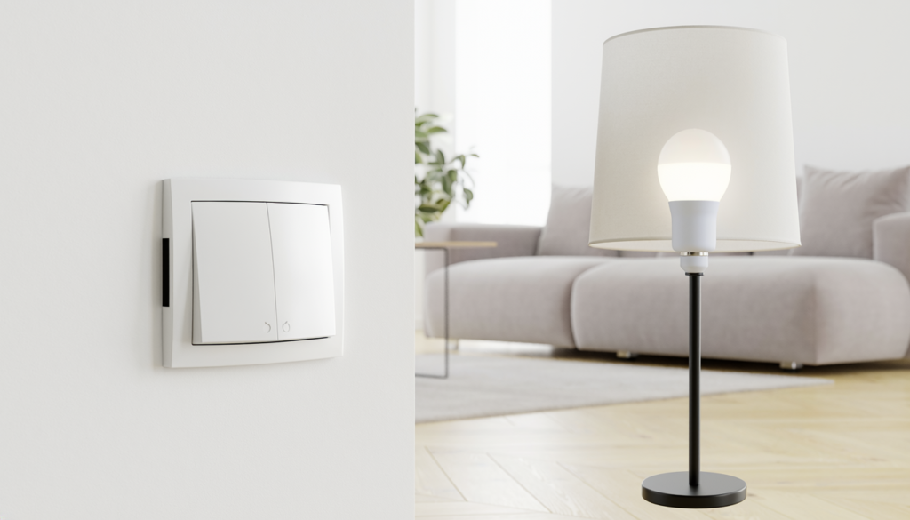 Smart wall light switch and smart bulb shown in a modern apartment