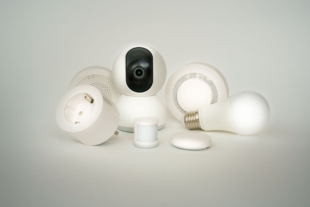 Collection of smart home devices on a white background