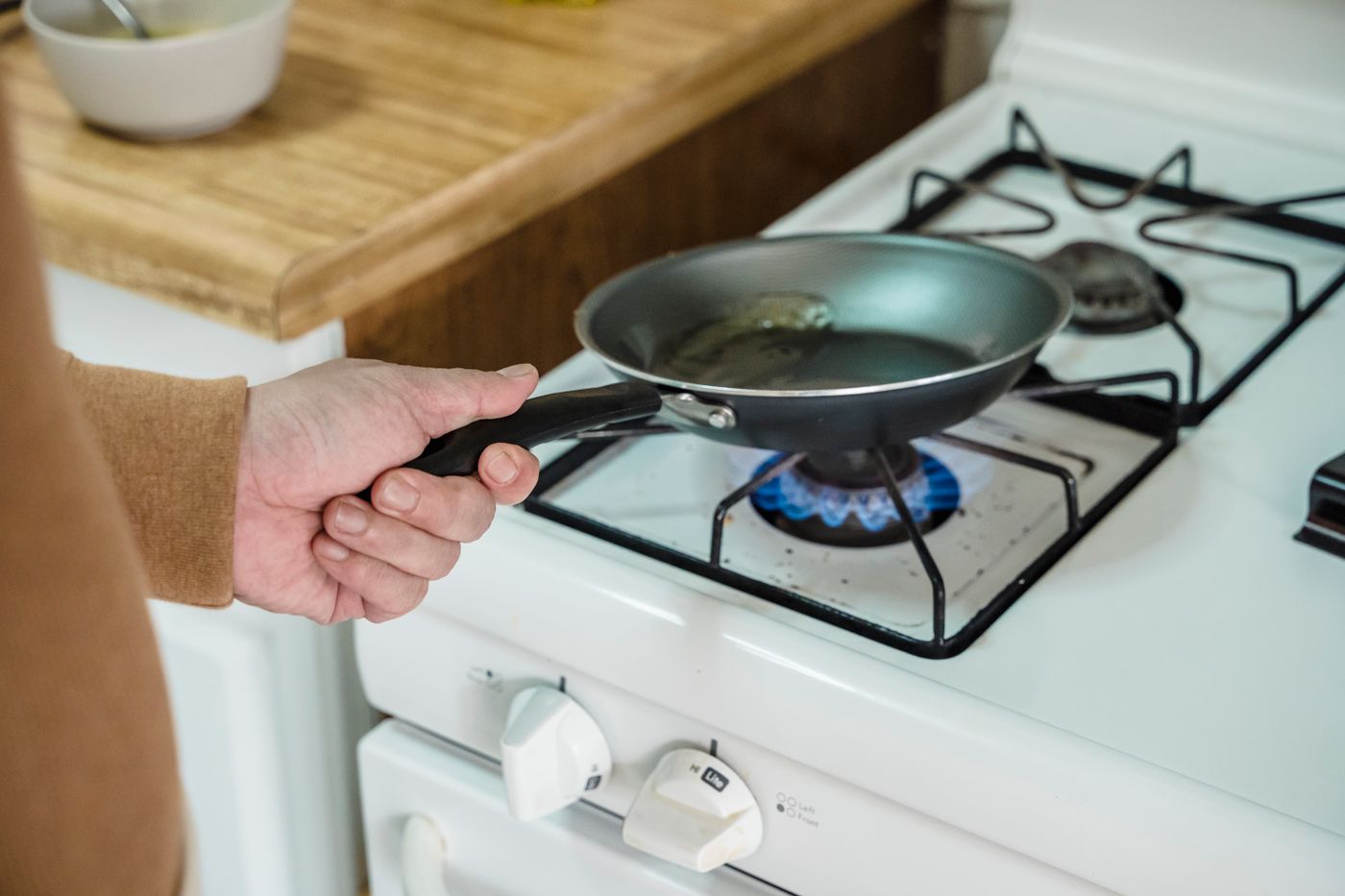 Cooking oil heating in a frying pan