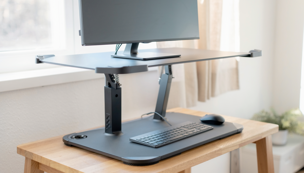 Standing desk converter raised on a compact home office desk