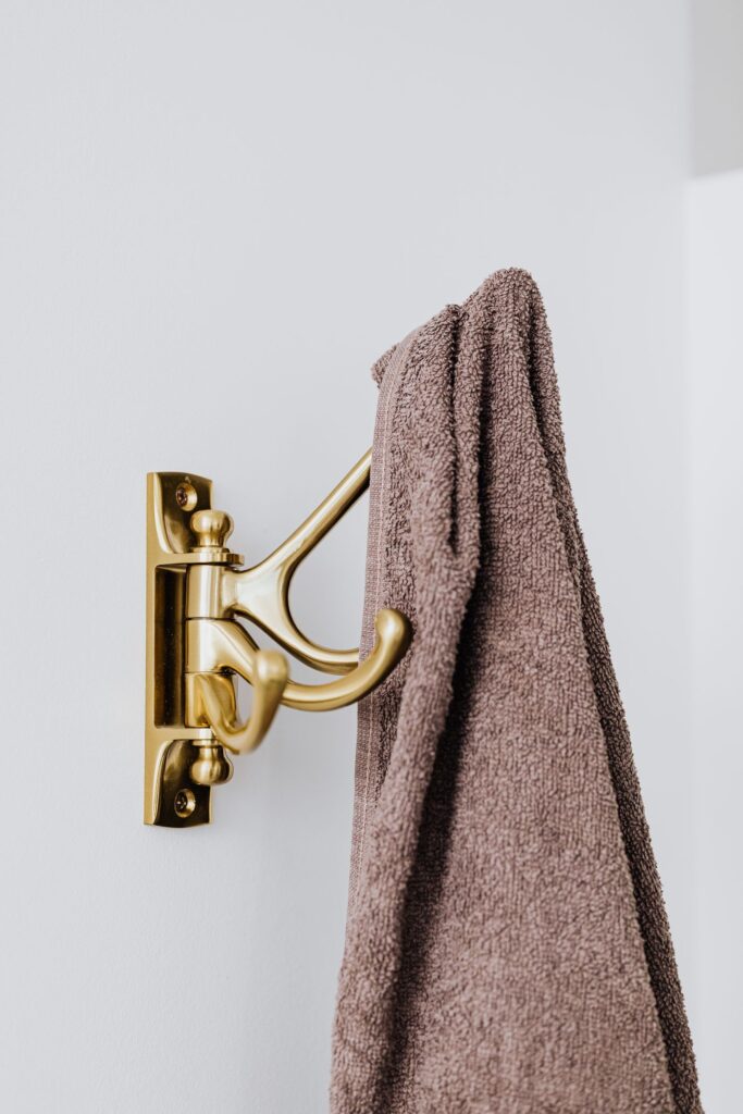 Towel hanging from a bathroom hook