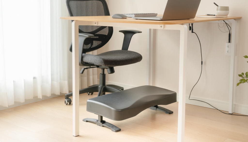 Adjustable under-desk footrest beneath a compact home office desk