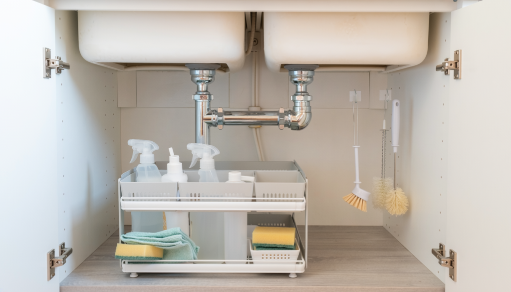 Under-sink organizer arranged around plumbing in a small kitchen cabinet