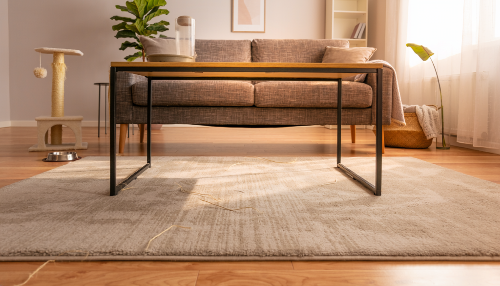 Washable low-pile area rug in a pet-friendly apartment living room