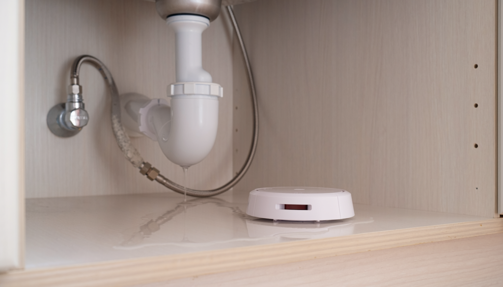 Compact water leak detector placed beside an apartment sink cabinet
