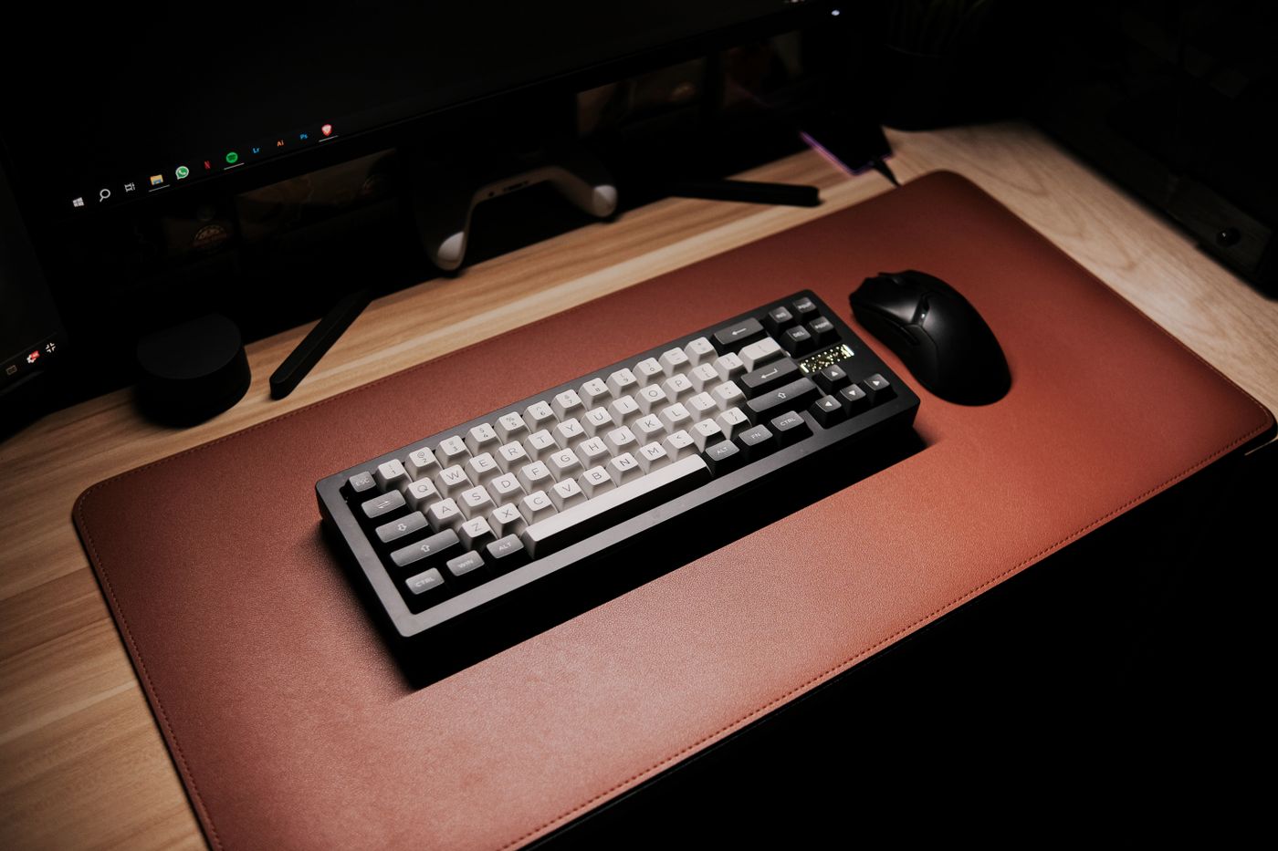 Keyboard on a brown desk mat